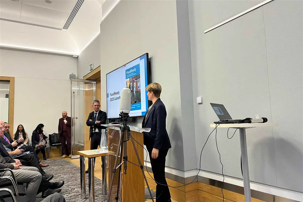 Simon Crowther at the BeFloodReady launch with Minister Emma Hardy
