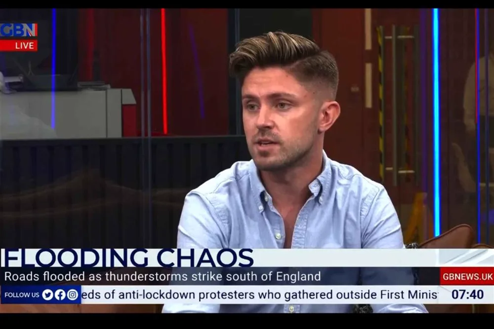 Simon Crowther in the GB News studio discussing flooding
